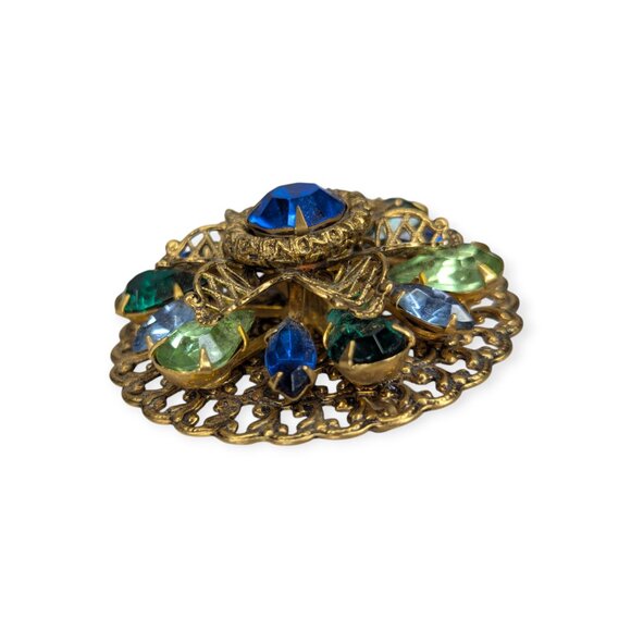 Vintage 1940s Antique Gold Tone Domed Pin with Blue & Green Gems - Picture 6 of 9